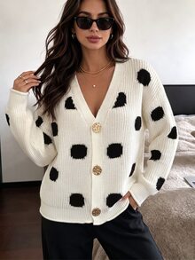 valorelle valorelle Women's New Autumn/Winter Knit Cardigan, V-Neck, Irregular Large Polka Dot, Single-Breasted, Dropped Shoulder, Ruffle Cuff, Short Length, Metal Button Decor, Versatile Casual Commute Open-Front Sweater - Multicolor - View 3