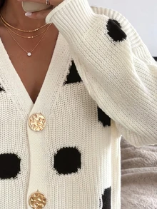 valorelle valorelle Women's New Autumn/Winter Knit Cardigan, V-Neck, Irregular Large Polka Dot, Single-Breasted, Dropped Shoulder, Ruffle Cuff, Short Length, Metal Button Decor, Versatile Casual Commute Open-Front Sweater - Multicolor - View 6