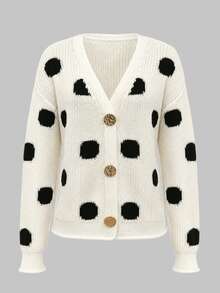 valorelle valorelle Women's New Autumn/Winter Knit Cardigan, V-Neck, Irregular Large Polka Dot, Single-Breasted, Dropped Shoulder, Ruffle Cuff, Short Length, Metal Button Decor, Versatile Casual Commute Open-Front Sweater - Multicolor - View 4