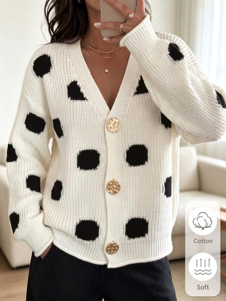 valorelle valorelle Women's New Autumn/Winter Knit Cardigan, V-Neck, Irregular Large Polka Dot, Single-Breasted, Dropped Shoulder, Ruffle Cuff, Short Length, Metal Button Decor, Versatile Casual Commute Open-Front Sweater - Multicolor - View 1