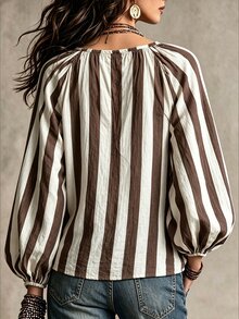 SHEIN Holidaya Women's Striped Long Sleeve Shirt, Suitable For Autumn/Winter, Casual Elegant Commute Wear - Coffee Brown - View 2