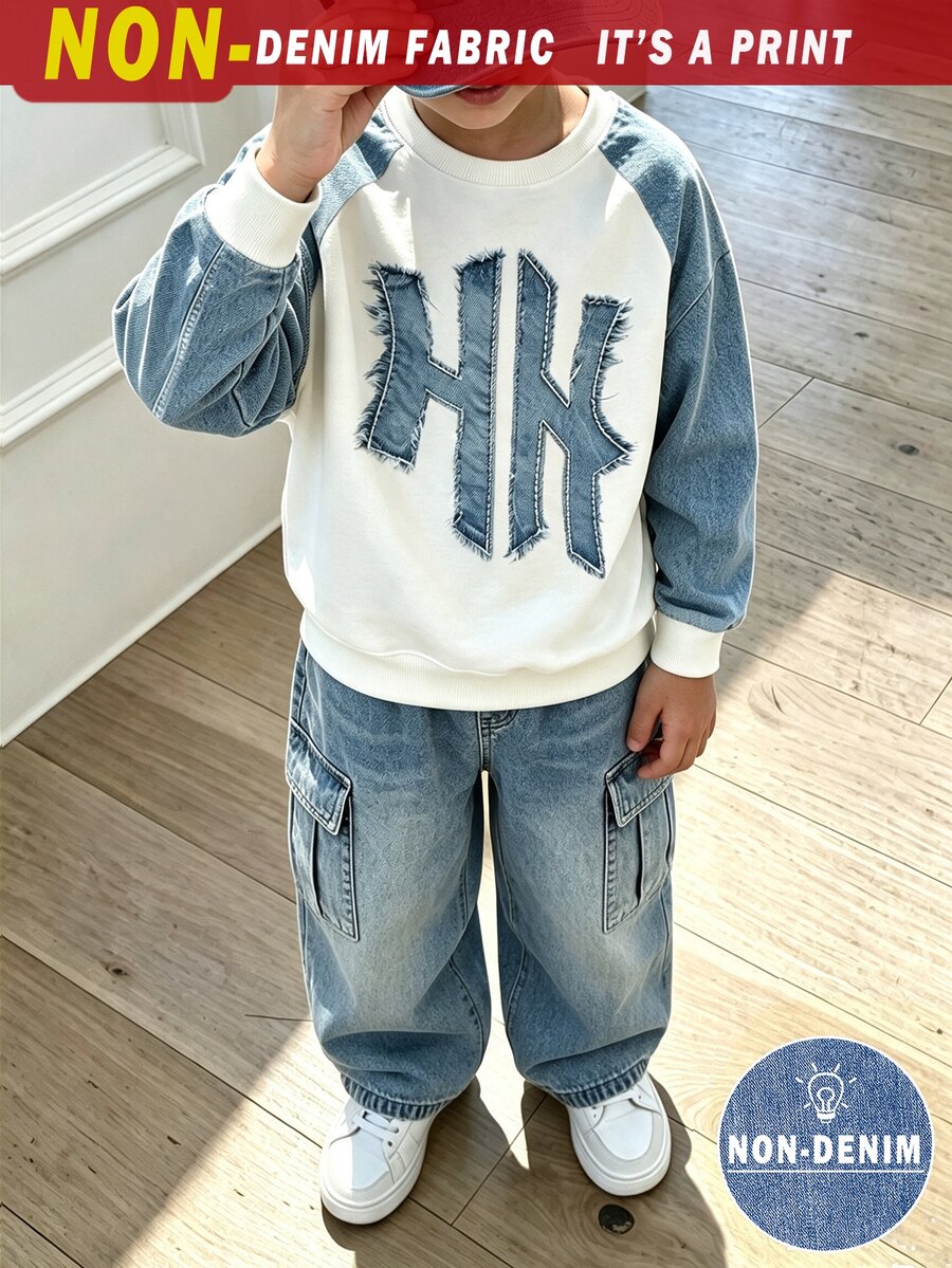 2件組青少年男孩時尚簡約舒適圓領衛衣與寬腿工裝褲,酷炫紮染滿版印花設計,英文字母印花設計,適合假期派對聚會,休閒舒適,男孩春秋冬季首選,春秋冬季街頭風,返校派對休閒穿搭 - 彩色 - 查看 1
