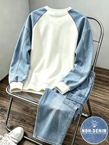 2件組青少年男孩時尚簡約舒適圓領衛衣與寬腿工裝褲，酷炫紮染滿版印花設計，英文字母印花設計，適合假期派對聚會，休閒舒適，男孩春秋冬季首選，春秋冬季街頭風，返校派對休閒穿搭 - 彩色 - 查看 2
