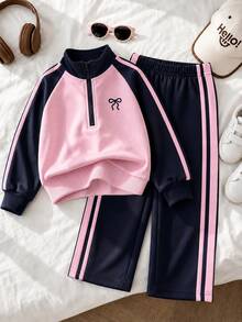 SHEIN 2件組幼女運動衫長褲套裝，可愛甜美海軍藍粉色蝴蝶結條紋，長袖小立領，休閒款，適合生日派對、秋冬假期活動 - 彩色 - 查看 2