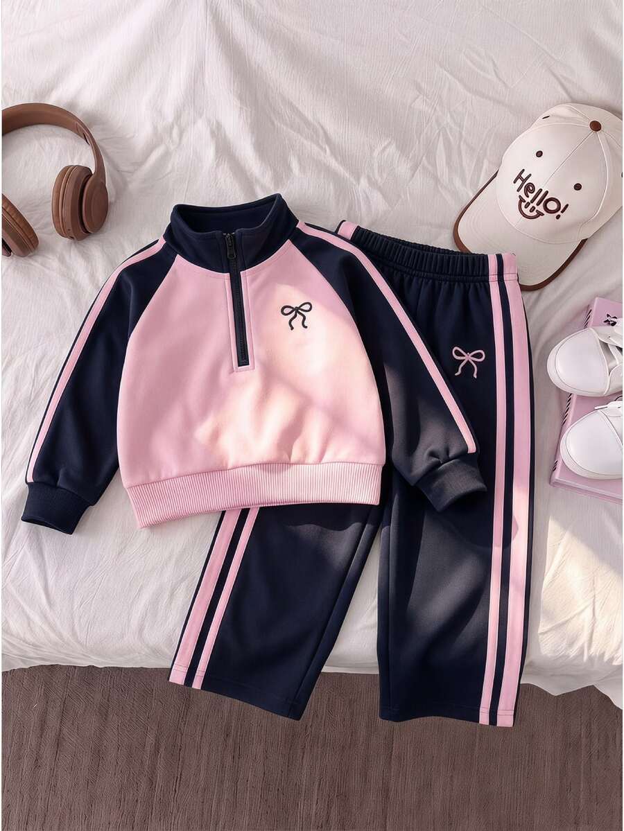 SHEIN 2件組幼女運動衫長褲套裝,可愛甜美海軍藍粉色蝴蝶結條紋,長袖小立領,休閒款,適合生日派對、秋冬假期活動 - 彩色 - 查看 1