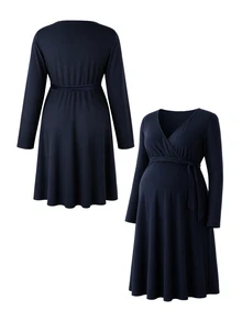 SHEIN Plus Size Maternity Long Sleeve V-Neck Cross Waist Tie Front Bow Ribbed Knit Dress - Navy Blue - View 6