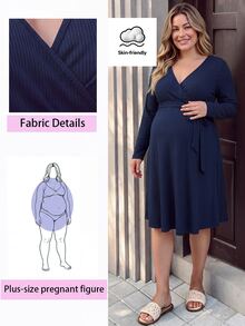 SHEIN Plus Size Maternity Long Sleeve V-Neck Cross Waist Tie Front Bow Ribbed Knit Dress - Navy Blue - View 2