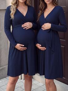 SHEIN Plus Size Maternity Long Sleeve V-Neck Cross Waist Tie Front Bow Ribbed Knit Dress - Navy Blue - View 3