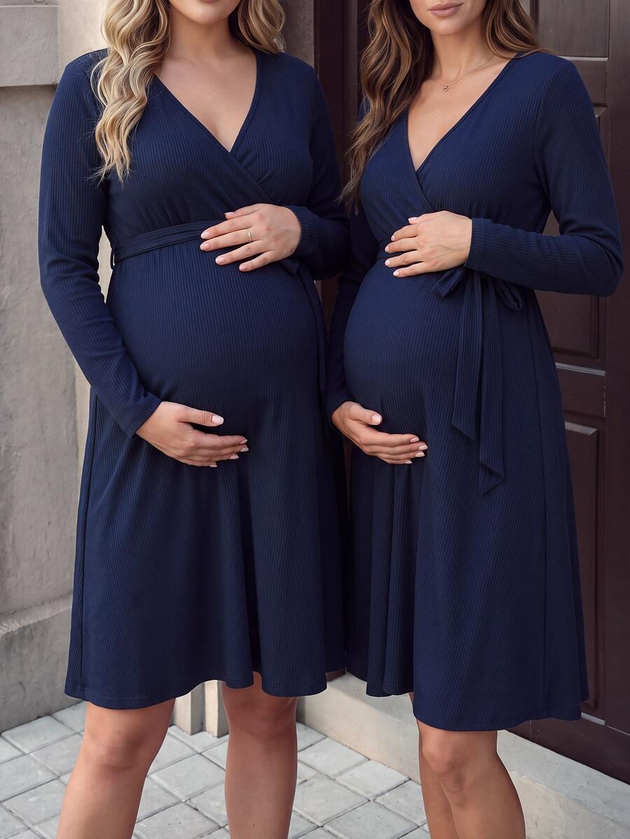 SHEIN Plus Size Maternity Long Sleeve V-Neck Cross Waist Tie Front Bow Ribbed Knit Dress - Navy Blue - View 1