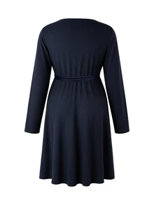 SHEIN Plus Size Maternity Long Sleeve V-Neck Cross Waist Tie Front Bow Ribbed Knit Dress - Navy Blue - View 5