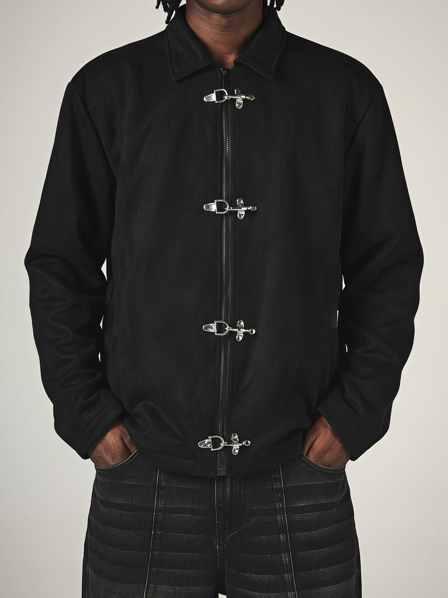 SUMWON Faux Suede Harrington Jacket With Silver Metal Clip Hook Closures Point Collar Full Zip Autumn Winter Outerwear Hip Length - Black - View 1