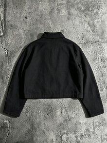 SUMWON Faux Suede Harrington Jacket With Silver Metal Clip Hook Closures Point Collar Full Zip Autumn Winter Outerwear Hip Length - Black - View 2