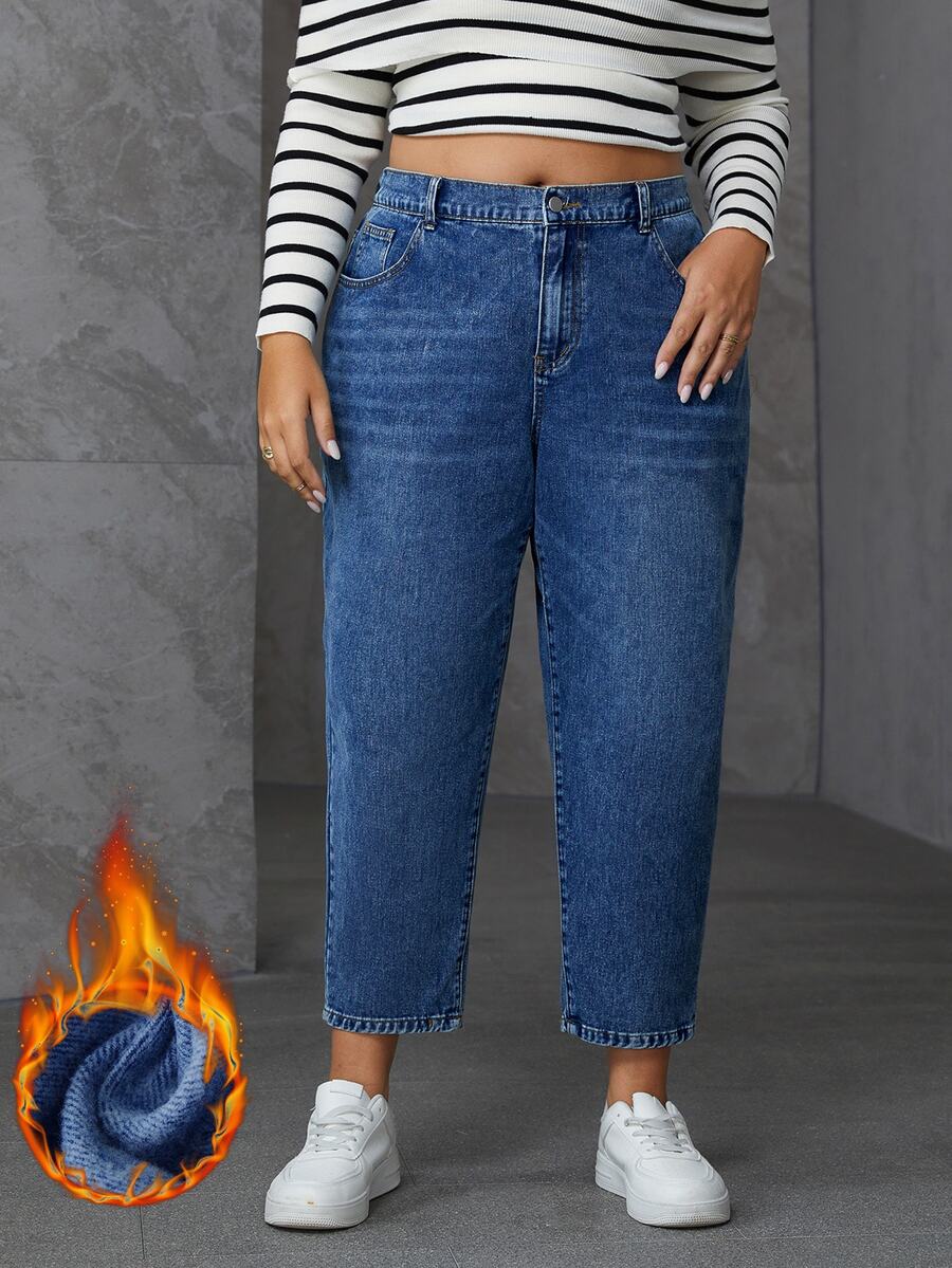 SHEIN Essnce Celana Jeans Denim Kasual Ukuran Besar dengan Efek Lusuh dan Cuci - Biru - View 1
