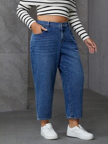 SHEIN Essnce Celana Jeans Denim Kasual Ukuran Besar dengan Efek Lusuh dan Cuci - Biru - View 3