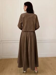 Solavon Women's Solid Color Front Tie Long Sleeve Top And Skirt Casual 2 Pieces Set - Khaki - View 3
