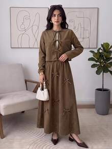Solavon Women's Solid Color Front Tie Long Sleeve Top And Skirt Casual 2 Pieces Set - Khaki - View 2