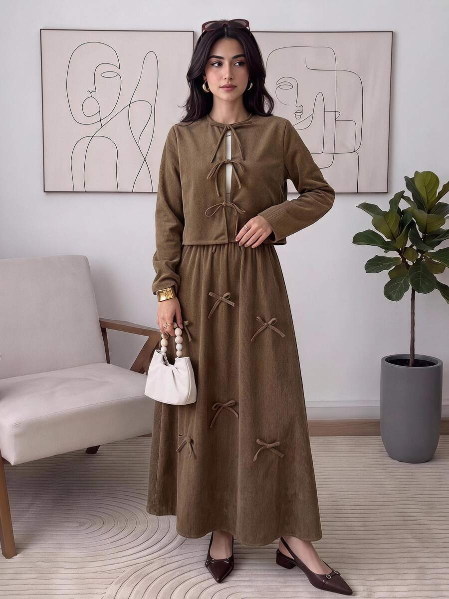 Solavon Women's Solid Color Front Tie Long Sleeve Top And Skirt Casual 2 Pieces Set