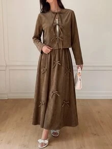Solavon Women's Solid Color Front Tie Long Sleeve Top And Skirt Casual 2 Pieces Set - Khaki - View 7