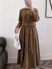 Solavon Women's Solid Color Front Tie Long Sleeve Top And Skirt Casual 2 Pieces Set - Khaki - View 5