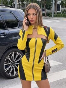 SHEIN ICON Women's Autumn/Winter Motorcycle Street Fashion Yellow & Black Colorblock Loose Super Cropped Jacket - Multicolor - View 4