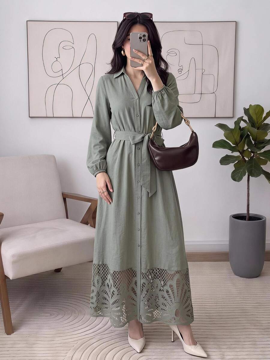 Solavon Women's Solid Color Waist Knot Casual Party Long Dress - Green - View 1