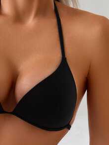 Swim Basics 女士基本款纯色黑色比基尼套装，三角杯提升吊带上衣和交叉侧绳泳裤，适合海滩、度假村、游泳池等所有人 - 黑色 - 查看 4