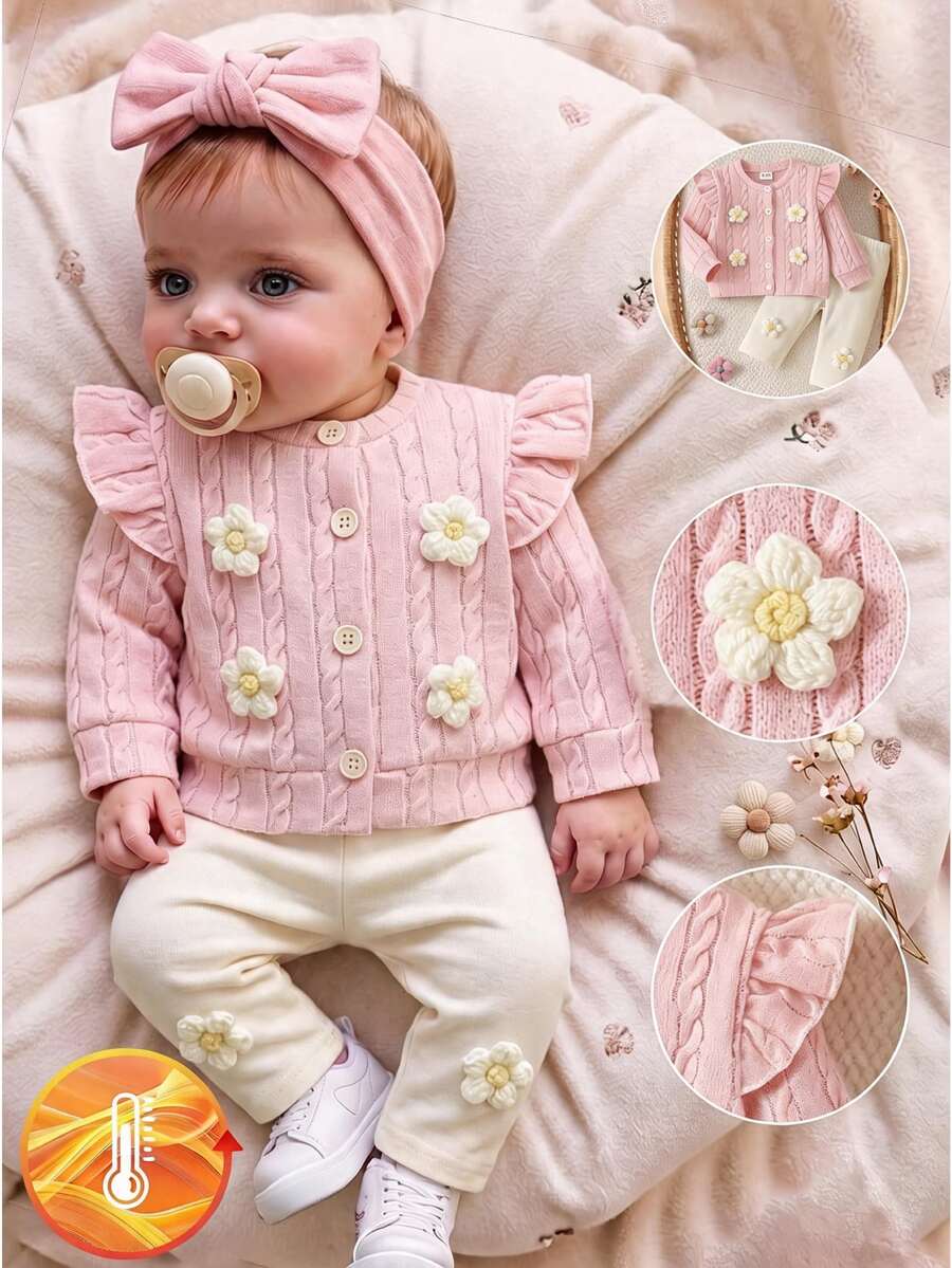 SHEIN طقم جاكيت للبنات الصغيرات للربيع والخريف كاجوال بأكمام طويلة لطيف وحلو باللون الأبيض والوردي كارديجان للاستخدام اليومي والخارجي بنقشة زهور وتريكو مجدول وكشكشة معطف منفوخ - وردي - مشاهدة 1