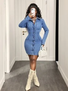 Slaydiva فستان جينز صيفي كاجوال يومي للنساء بصف واحد من الأزرار - الأزرق - مشاهدة 5