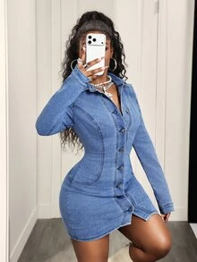 Slaydiva فستان جينز صيفي كاجوال يومي للنساء بصف واحد من الأزرار - الأزرق - مشاهدة 4