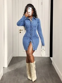 Slaydiva فستان جينز صيفي كاجوال يومي للنساء بصف واحد من الأزرار - الأزرق - مشاهدة 6