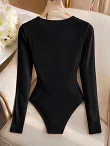 Rafferiza Women's Fashion Sexy Sequin Patchwork Cowl Neck Bodysuit - Black - View 2