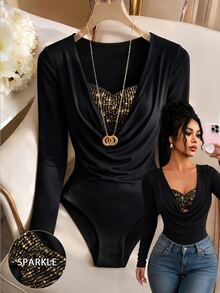 Rafferiza Women's Fashion Sexy Sequin Patchwork Cowl Neck Bodysuit - Black - View 3