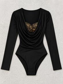 Rafferiza Women's Fashion Sexy Sequin Patchwork Cowl Neck Bodysuit - Black - View 1