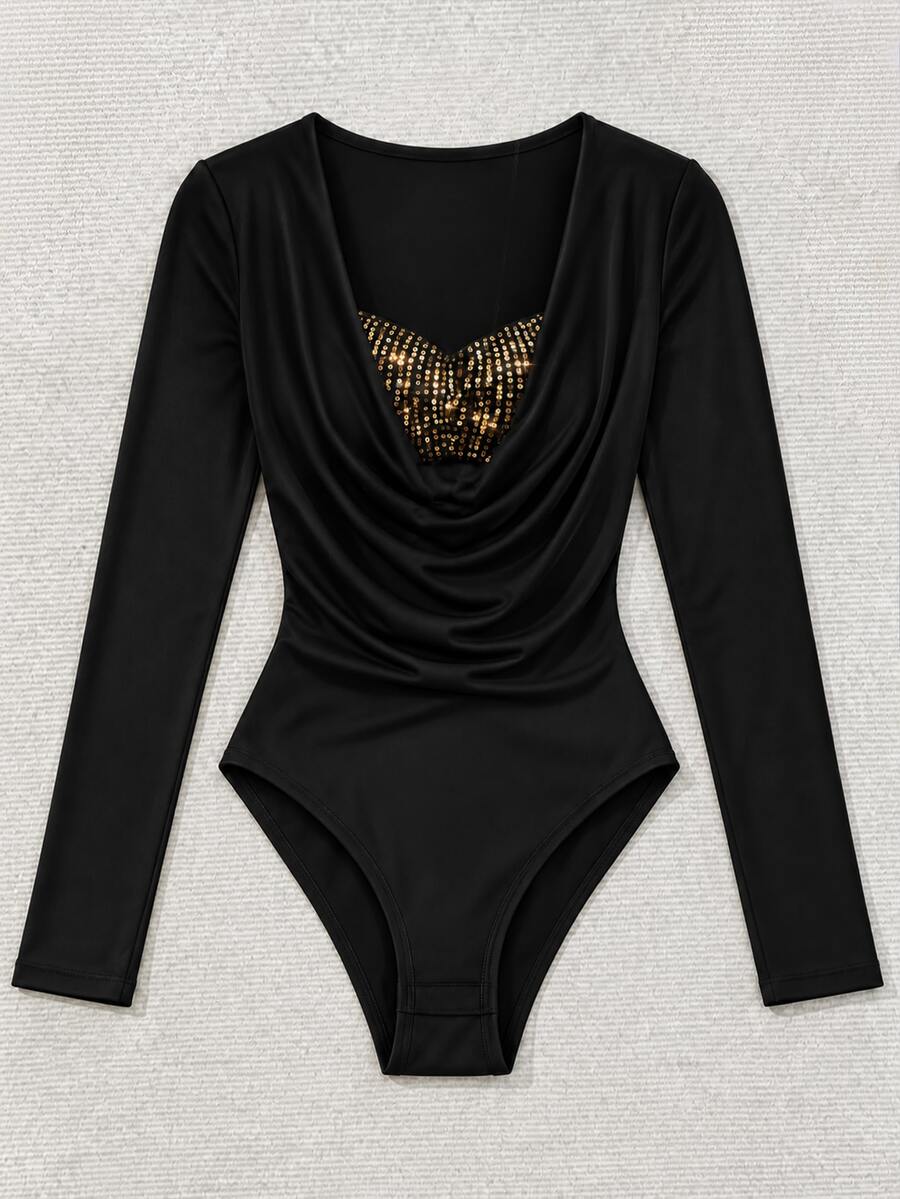 Rafferiza Women's Fashion Sexy Sequin Patchwork Cowl Neck Bodysuit - Black - View 1