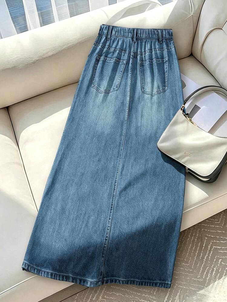 GlowEve CURVE 大尺碼女款休閒復古丹寧風 A 字長裙，夏季休閒街頭風，時尚設計長裙，適合日常穿著，四季皆宜 - 藍色 - 查看 2