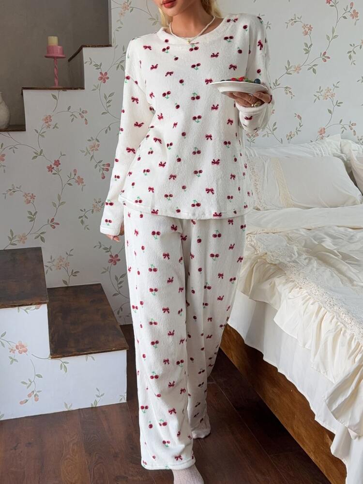 CottageSlumber Romantic Flannel Cherry Bow Print Round Neck Long Sleeve Pants Women's Pajama Set, Autumn/Winter - Multicolor - View 3