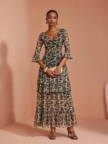JIAN LASALA All-Over Print Mesh V Neck Layered Flared Sleeve Women Boho Dress Vacation - Multicolor - View 6
