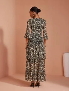 JIAN LASALA All-Over Print Mesh V Neck Layered Flared Sleeve Women Boho Dress Vacation - Multicolor - View 2