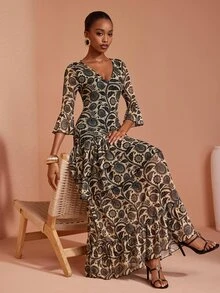 JIAN LASALA All-Over Print Mesh V Neck Layered Flared Sleeve Women Boho Dress Vacation - Multicolor - View 1