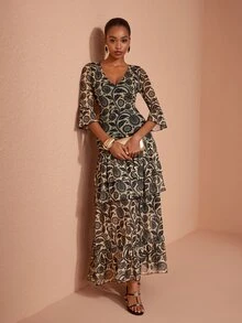 JIAN LASALA All-Over Print Mesh V Neck Layered Flared Sleeve Women Boho Dress Vacation - Multicolor - View 5