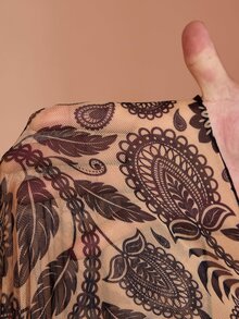 JIAN LASALA All-Over Print Mesh V Neck Layered Flared Sleeve Women Boho Dress Vacation - Multicolor - View 8