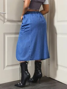 Slaydiva Rok Denim Lipit Asimetris Kasual untuk Wanita - Biru - View 2