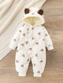 SHEIN 1 buah Romper Bayi Perempuan Berkerudung Motif Beruang Cokelat Krem Lucu, Berbentuk Berlian, Berbulu, Telinga, Lengan Panjang, Tebal, Cocok untuk Perjalanan Ski, Musim Dingin, Natal, Liburan, dan Penutup Kaki - MultiWarna - View 7
