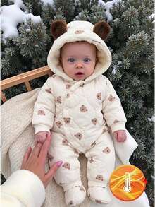 SHEIN 1 buah Romper Bayi Perempuan Berkerudung Motif Beruang Cokelat Krem Lucu, Berbentuk Berlian, Berbulu, Telinga, Lengan Panjang, Tebal, Cocok untuk Perjalanan Ski, Musim Dingin, Natal, Liburan, dan Penutup Kaki - MultiWarna - View 2