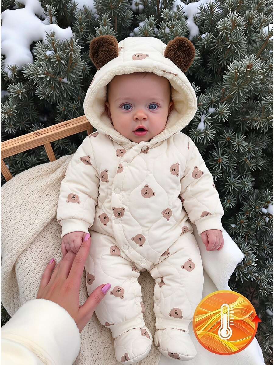 SHEIN 1 buah Romper Bayi Perempuan Berkerudung Motif Beruang Cokelat Krem Lucu, Berbentuk Berlian, Berbulu, Telinga, Lengan Panjang, Tebal, Cocok untuk Perjalanan Ski, Musim Dingin, Natal, Liburan, dan Penutup Kaki