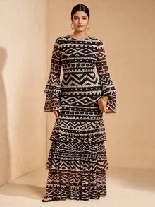 JIAN LASALA All-Over Print Mesh Round Neck Layered Flared Sleeve Women Plus Size Dress Vacation Casual Holiday Fall - Multicolor - View 3