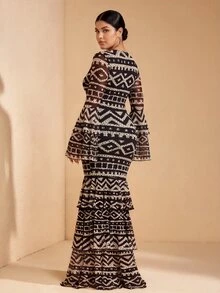 JIAN LASALA All-Over Print Mesh Round Neck Layered Flared Sleeve Women Plus Size Dress Vacation Casual Holiday Fall - Multicolor - View 2