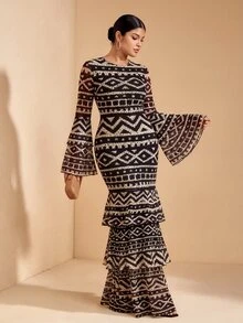 JIAN LASALA All-Over Print Mesh Round Neck Layered Flared Sleeve Women Plus Size Dress Vacation Casual Holiday Fall - Multicolor - View 4