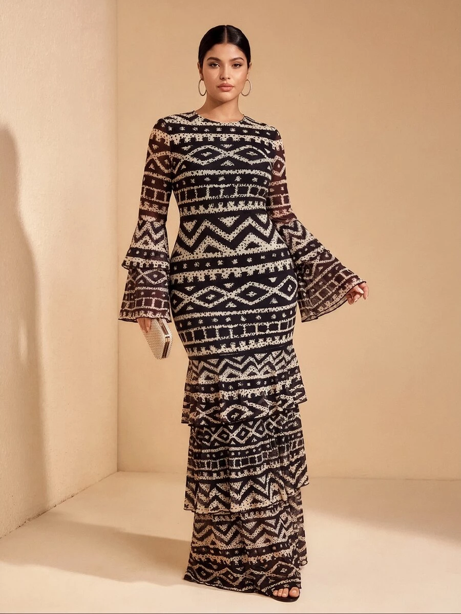 JIAN LASALA All-Over Print Mesh Round Neck Layered Flared Sleeve Women Plus Size Dress Vacation Casual Holiday Fall - Multicolor - View 1