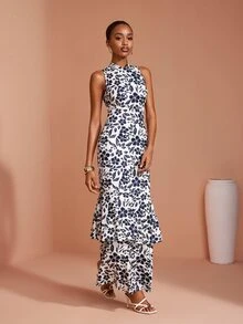 JIAN LASALA Knit Floral Print Sleeveless Chinese Collar Halter Neckline Double Layers Long Dress Elegant - Multicolor - View 3